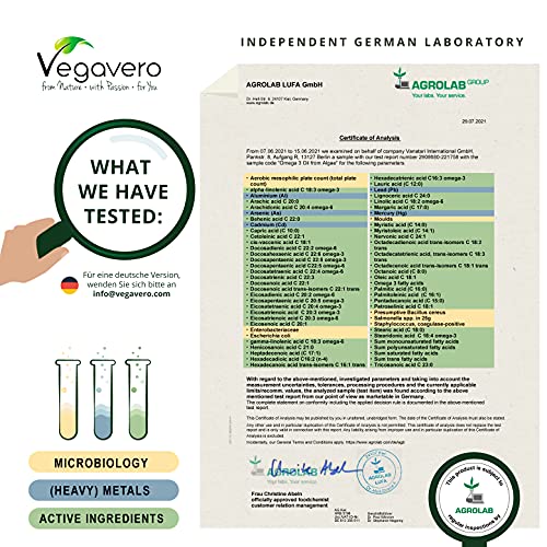 Omega 3 Vegavero® 1000 mg | Ácidos Grasos Esenciales | Vegano | DHA & EPA (2:1) | Sin Aditivos | Sin Olores | Cápsulas Sin Gelatina | Aceite de Algas | 1000 mg |90 Cápsulas