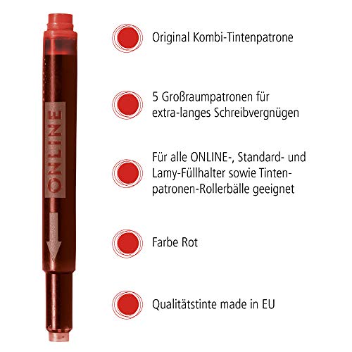 Online Schreibgeräte 17307/12 - Cartuchos combi para pluma estilográfica, color rojo