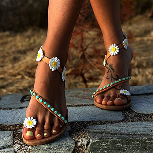 Onsoyours Sandalias Bohemia Mujeres Verano Planos Moda Clip Peep Toe Zapatos de Playa Dulce Zapatillas Sandals G Marrón 43 EU