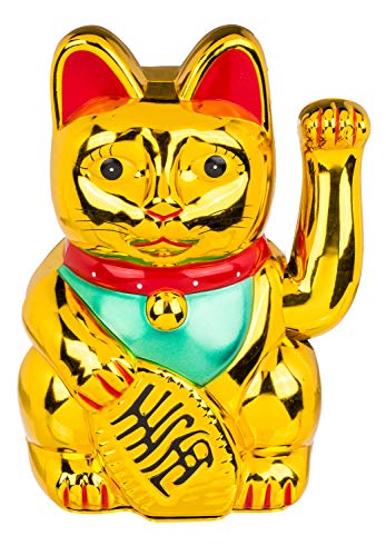 Out of the Blue 57/9717 Gato Dorado de plástico Que Hace señas, Aprox. 20 cm, Amuleto de la Suerte Tradicional asiático con Pilas, en Caja de Regalo