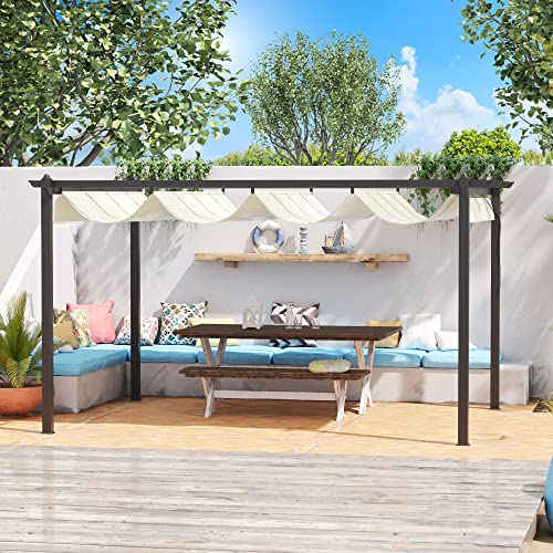 Outsunny Pérgola de Aluminio 4x3 m Cenador de Jardín con Techo Retráctil Tela de Poliéster y 8 Orificios de Drenaje para Patio Terraza Exterior Crema