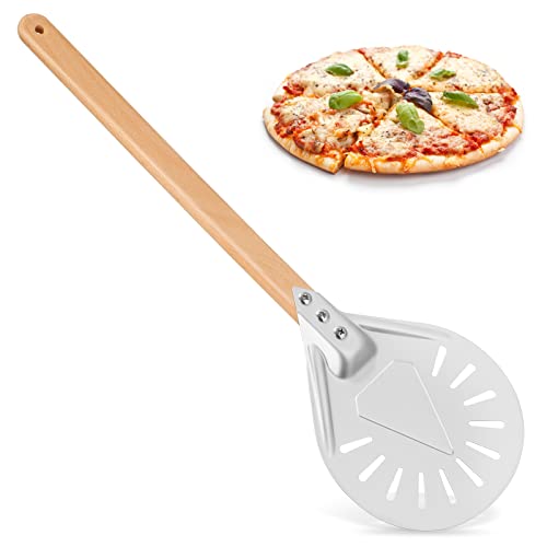 Pala perforada para pizza de aluminio de 17,2 cm, pala para pizza de aluminio con mango de madera, para hacer pizza, pan casero