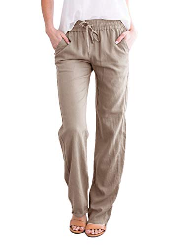 Pantalones Largos de Lino para Mujer Verano Pantalones Acampanados Casual Baggy Pantalón Palazzo con Bolsillos Cordón B Caqui L