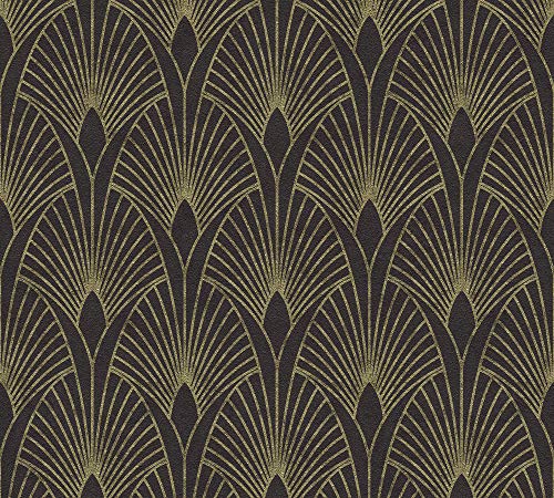 Papel Pintado Art Deco New Walls 50's Glam A.S. Création Papel pintado tejido no tejido 10.05 m x 0.53 m Negro Oro Fabricado en Alemania 374273 37427-3