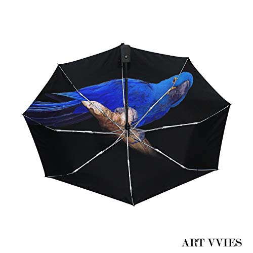 Paraguas pequeño de Viaje a Prueba de Viento al Aire Libre Lluvia Sol UV Auto Compacto 3 Pliegues Cubierta de Paraguas - pájaros Loros Jacinto