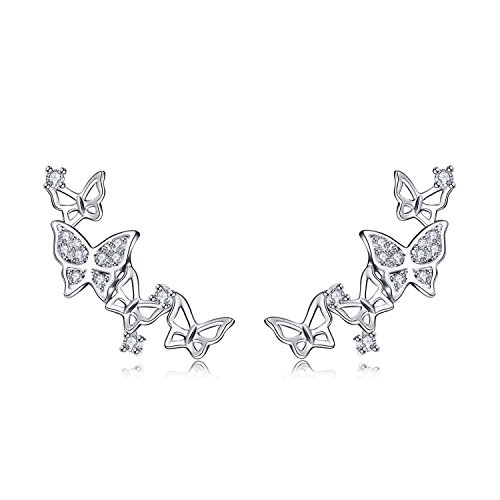 Pendientes de novia QUKE de plata de ley 925 y circonitas con diseño 3D de mariposas estilo «ear cuff»