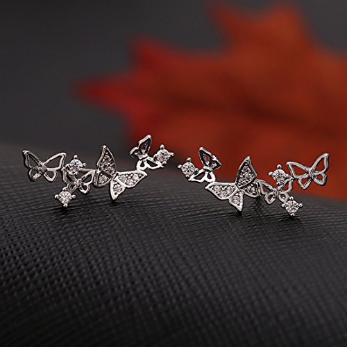 Pendientes de novia QUKE de plata de ley 925 y circonitas con diseño 3D de mariposas estilo «ear cuff»