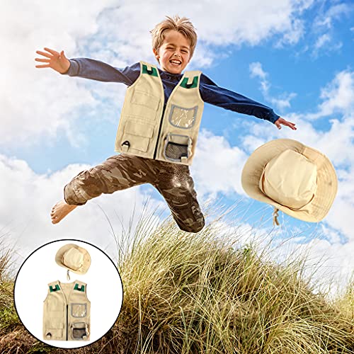 Perfeclan 2 Piezas Kit de Exploración al Aire Libre para Niños, Chaleco con Bolsillo y Sombrero Ajustable para Camping, Aventura, Senderismo, Regalo para Niños