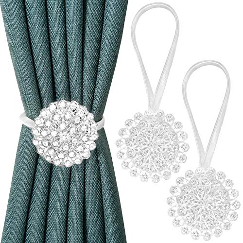 Pinowu alzapaños magnéticos para Cortina (2pcs) con diseño de Flores de Cristal y Hebillas Decorativas con Cuerda elástica para recámara, Sala de Estar, Oficina
