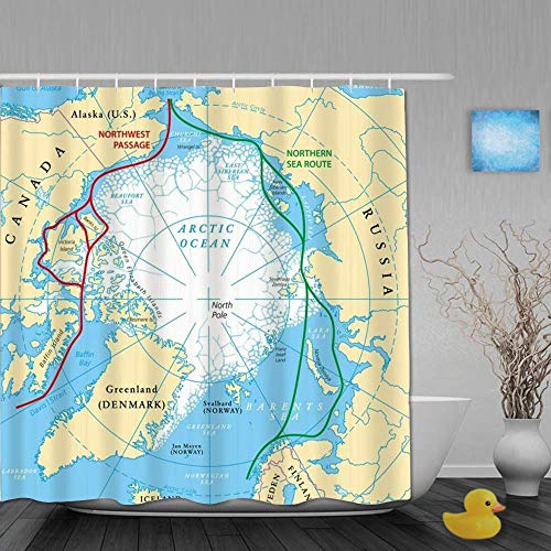 PUNKDBOTTO Cortina de ducha circular del océano ártico rutas mapa hielo noroeste educación ruta ciencia paso norte polar noreste impermeable bañeras ganchos incluidos – Ideas de baño de 183 x 183 cm