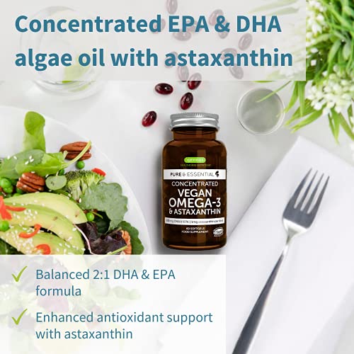 Pure & Essential Omega-3 Vegano, 1340 mg de Aceite de Algas (DHA + EPA 600 mg) y Astaxantina, 60 cápsulas blandas