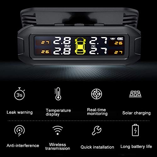 QOTSTEOS Sistema de monitoreo de presión de neumáticos con energía Solar TPMS, 6 Modos de Alarma, Pantalla LCD de Voz Inteligente con 4 sensores TMPS externos (0-8 Bar)