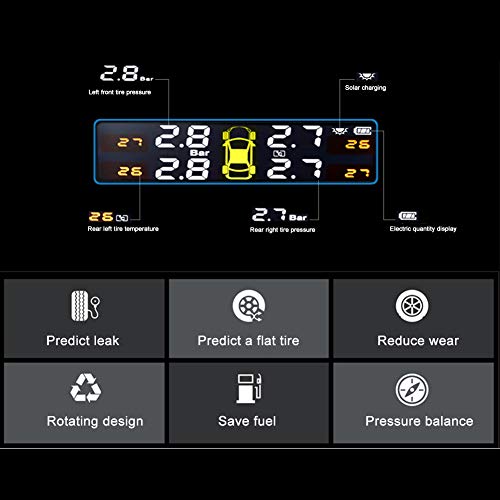 QOTSTEOS Sistema de monitoreo de presión de neumáticos con energía Solar TPMS, 6 Modos de Alarma, Pantalla LCD de Voz Inteligente con 4 sensores TMPS externos (0-8 Bar)