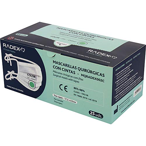 RADEX 85005120. Caja de 25 Mascarillas Quirúrgicas con Cintas Tipo IIR, Color Verde, BFE 98%, Certificadas CE, Fabricadas en España, Extra Suave