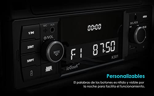Radio Coche RDS/FM/Am, ieGeek 1 DIN Autoradio Bluetooth 5.0 Estéreo 4X60W, Soporta Extra Bass/WAV/AUX//WMA/MP3/USB/SD/Control Remoto, Reloj de Visualización, Guardar 30 Emisoras de Radio