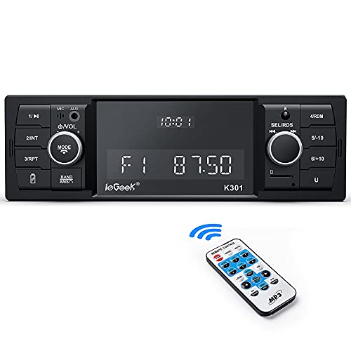 Radio Coche RDS/FM/Am, ieGeek 1 DIN Autoradio Bluetooth 5.0 Estéreo 4X60W, Soporta Extra Bass/WAV/AUX//WMA/MP3/USB/SD/Control Remoto, Reloj de Visualización, Guardar 30 Emisoras de Radio