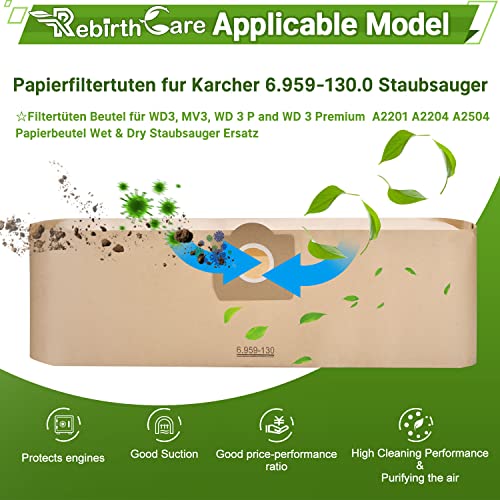 Rebirthcare 15 bolsas de aspiradora para Karcher 6.959-130.0 para WD 3 MV 3 bolsas de papel Wet & Dry