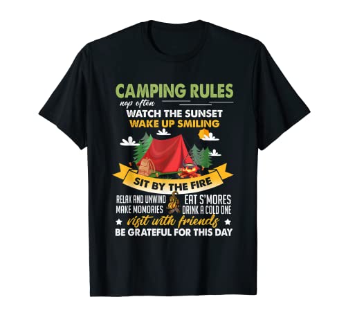 Reglas de camping siesta a menudo ver el atardecer despertar sonriendo Camiseta