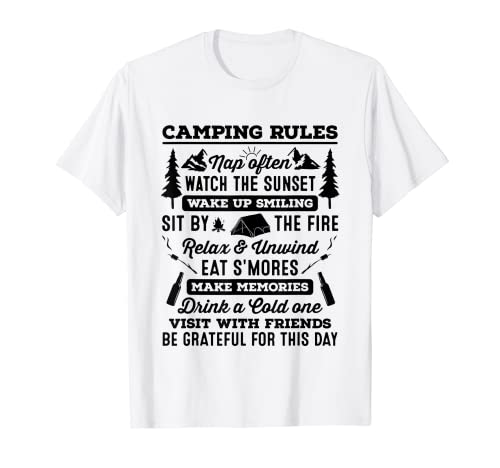 Reglas de camping siesta a menudo ver la puesta del sol despertar sonriendo Camiseta