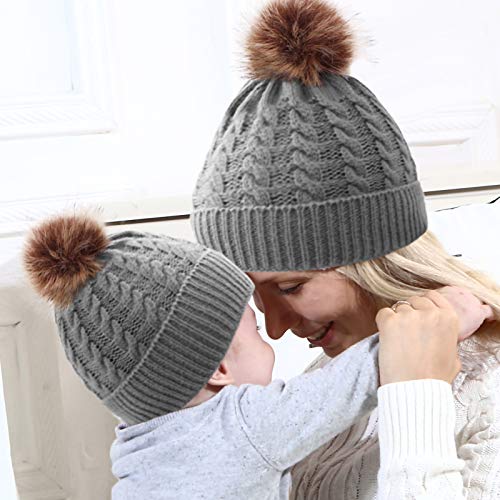 Rehomy Gorro de punto de la madre del bebé cálido de la piel del invierno Pom Hat Crochet Ski Cap para las mujeres del niño 2pcs, gris, M