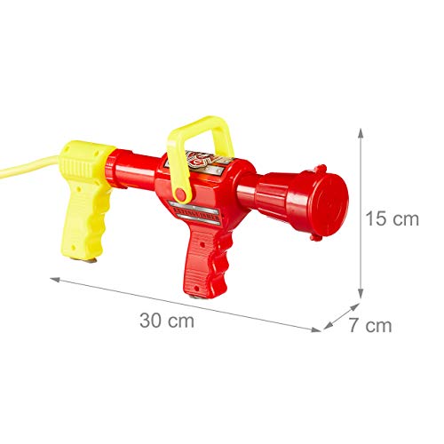 Relaxdays Pistola de Agua Bombero, Mochila con Depósito de 2,5 l, 5 m, Extintor Juguete Niños, ABS, 1 Ud, Rojo-Amarillo, color (10027680) , color/modelo surtido