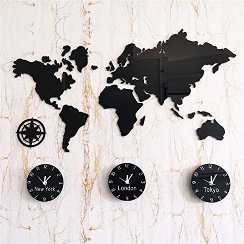 Reloj creativo de bricolaje con múltiples zonas horarias, gran reloj de pared con mapa del mundo en 3D, reloj de pared negro de la oficina en casa, decoración de pared minimalista nórdica 31.4x22in