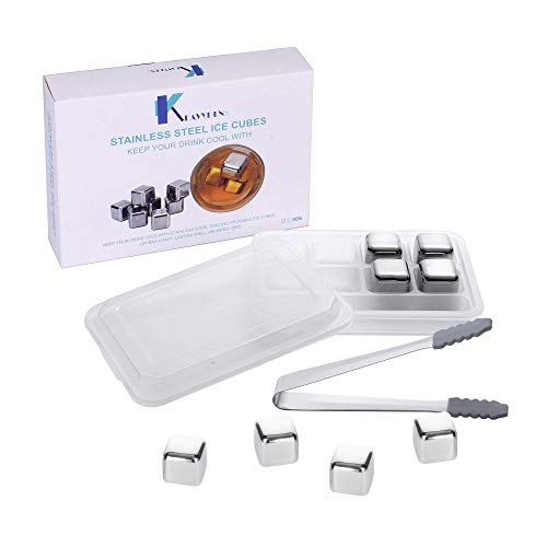 Reusable Stainless Steel Whiskey Stones or Ice Cubes, Set of 8 Ice Cubes with Silicone Tip Tongs and Storage Tray for Wine, Beverage, Juice or Soda.