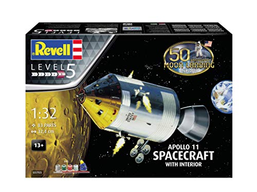 Revell- Apollo 11 Spacecraft w/Interior, Escala 1:32 Kit de Modelos de plástico, Color Plata (03703)