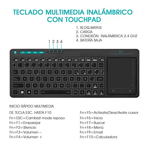 Rii K18 Plus -Teclado inalámbrico touchpad con 3 Colores LED, batería Recargable de Ion de Litio, QWERTY español, Color Negro