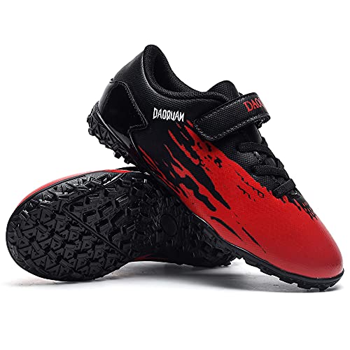 Rokiemen Zapatillas de Fútbol Niño FG/TF Profesionales Aire Libre Atletismo Calzado de Entrenamiento Antideslizante y Resistente al Desgaste Negro/Rojo 30