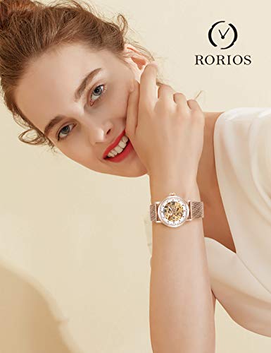 RORIOS Fashion Mujer Relojes de Pulsera Mecánico Automático Esqueleto Dial Acero Inoxidable Correa Relojes de Mujer