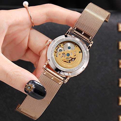 RORIOS Fashion Mujer Relojes de Pulsera Mecánico Automático Esqueleto Dial Acero Inoxidable Correa Relojes de Mujer