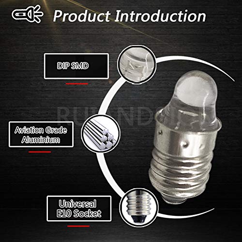 Ruiandsion 6 bombillas LED E10 3 V 6000 K blanco LED para antorchas linterna antorcha faro, tierra negativa