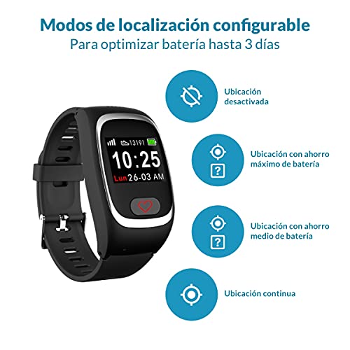 SeniorDomo Protect - Reloj teleasistencia localizador GPS y botón de Ayuda SOS (Negro)