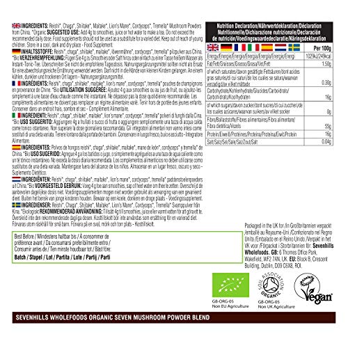 Sevenhills Wholefoods Mezcla de Siete Setas Orgánico En Polvo (Reishi, Chaga, Shiitake, Maitake, Melena De León, Cordyceps, Tremella) 500g