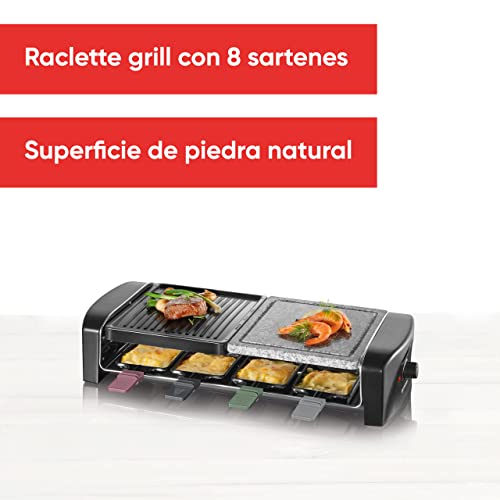 SEVERIN Raclette grill con piedra natural y plancha, grill con parrilla antiadherente y 8 sartenes, parrilla eléctrica para 8 personas, máx. 1400 W, negro, RG 9645