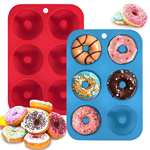 SHARON COOPER Moldes de silicona para hacer donuts, 6 cavidades antiadherentes, de silicona, bandeja para hornear rosquillas, magdalenas, bagels, pasteles, color azul, rojo, paquete de 2 unidades