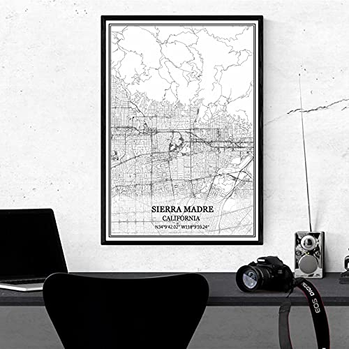 Sierra Madre California Estados Unidos Mapa de pared arte lienzo impresión cartel obra de arte sin marco moderno mapa en blanco y negro recuerdo regalo decoración del hogar