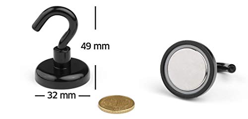 SMART HOUSE TOOLS Gancho magnético negro (4 unidades) Ø 32 x 49 mm, fuerza de sujeción 34 kg, imán de neodimio, grande, extrafuerte, gancho magnético