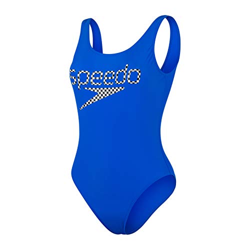 Speedo Logo Deep U-Back 1 Piece Swimsuit, Mujer, Bondi Blue/White/Black, 32 (UK 10)
