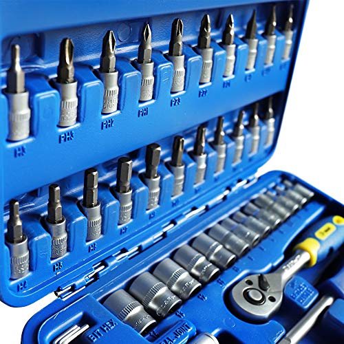 S&R Juego de llaves de vasos tuercas y destornilladores 1/4. Caja de herramientas profesional con 46 insertos en acero cromo vanadio. Maletín destornilladores e insertos profesionales.