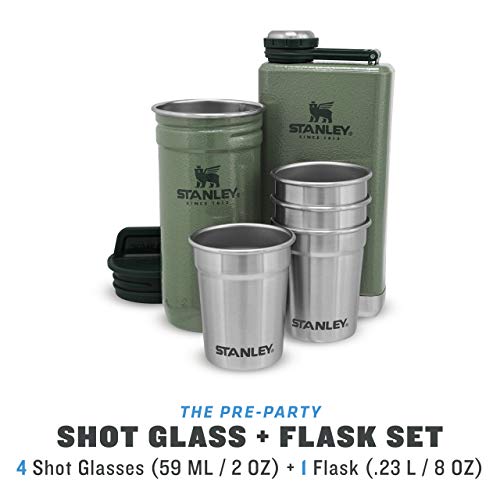 Stanley Adventure Pre-Party Vasos de Chupito + Petaca Set Hammertone Green – Acero Inoxidable Sin BPA - Petaca de Acero Inoxidable - Set de regalo - Apto Para Lavavajillas