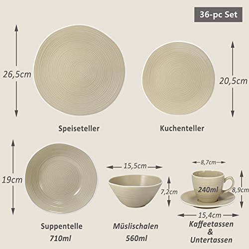Suntun - Vajilla de 36 piezas, para 6 personas, porcelana, diseño vintage, color marrón