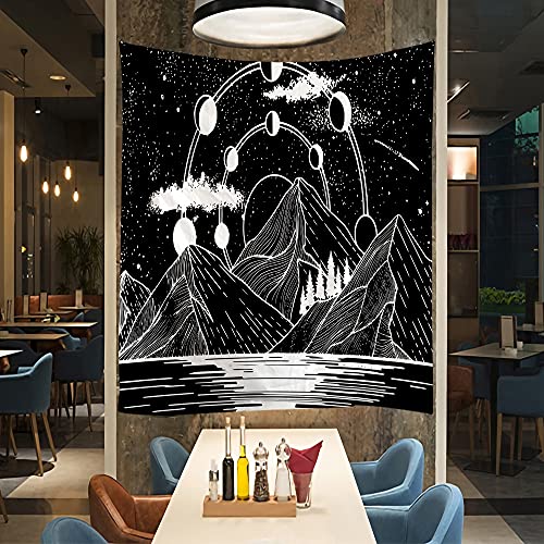 Tapiz de mandala indio con estrella de luna de montaña de línea, tapiz de brujería psicodélica gitana bohemia de pared A1 150x200cm