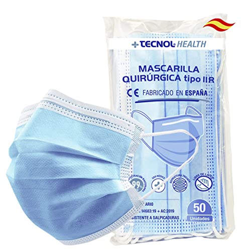 TECNOL HEALTH Mascarillas Quirúrgicas Azules - Fabricadas en España - 50 unidades - Tipo IIR - BFE > 99% - 3 Capas y Sin Grafeno - Pack de Mascarillas Homologadas para Adultos