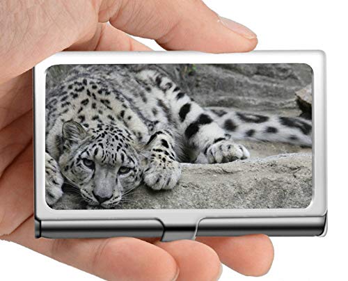 Titular de la tarjeta del nombre de la empresa Monedero, leopardo de las nieves leopardo depredador Estuche de tarjetas de acero inoxidable
