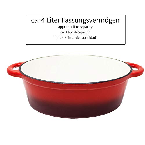 ToCi cacerola esmaltada de hierro fundido con tapa 28 cm, 4 litros, Cacerola y asador esmaltado para cocina de inducción, color: rojo