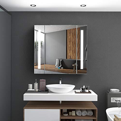 Tokvon® Alameda LED Muebles de baño Mueble de Espejo de Aluminio con Enchufe para afeitadora Atenuador antiniebla de 2 Puertas 650 x 600 mm para Maquillaje de Afeitado