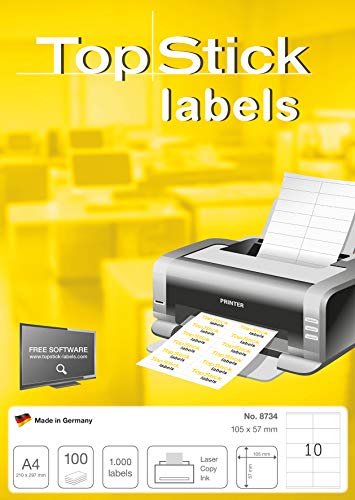 TopStick 8734 - Etiquetas autoadhesivas universales A4 grandes (105 x 57 mm, papel) 100 hojas, 10 etiquetas por hoja, 1000 etiquetas, para impresoras inkjet y láser
