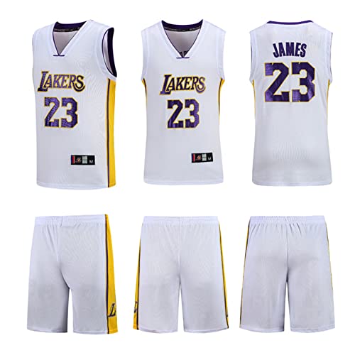 Traje de camiseta de baloncesto deportivo, uniformes de baloncesto Lakers, camiseta y pantalones cortos de entrenamiento, James # 23, malla bordada transpirable, camisetas clásicas unisex,White-S